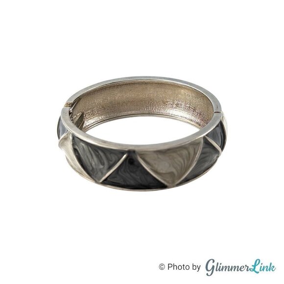 Vintage Enamel Swirl Geometric Hinged Silver Tone Bangle Clamper Bracelet - Picture 6 of 7